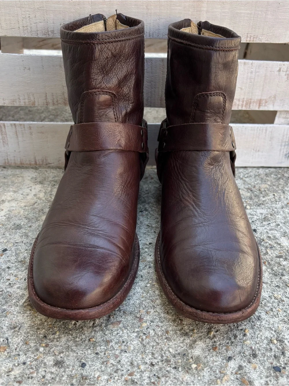 Frye Brown Leather Phillip Harness Ankle Moto Biker Zip Boots Size 9